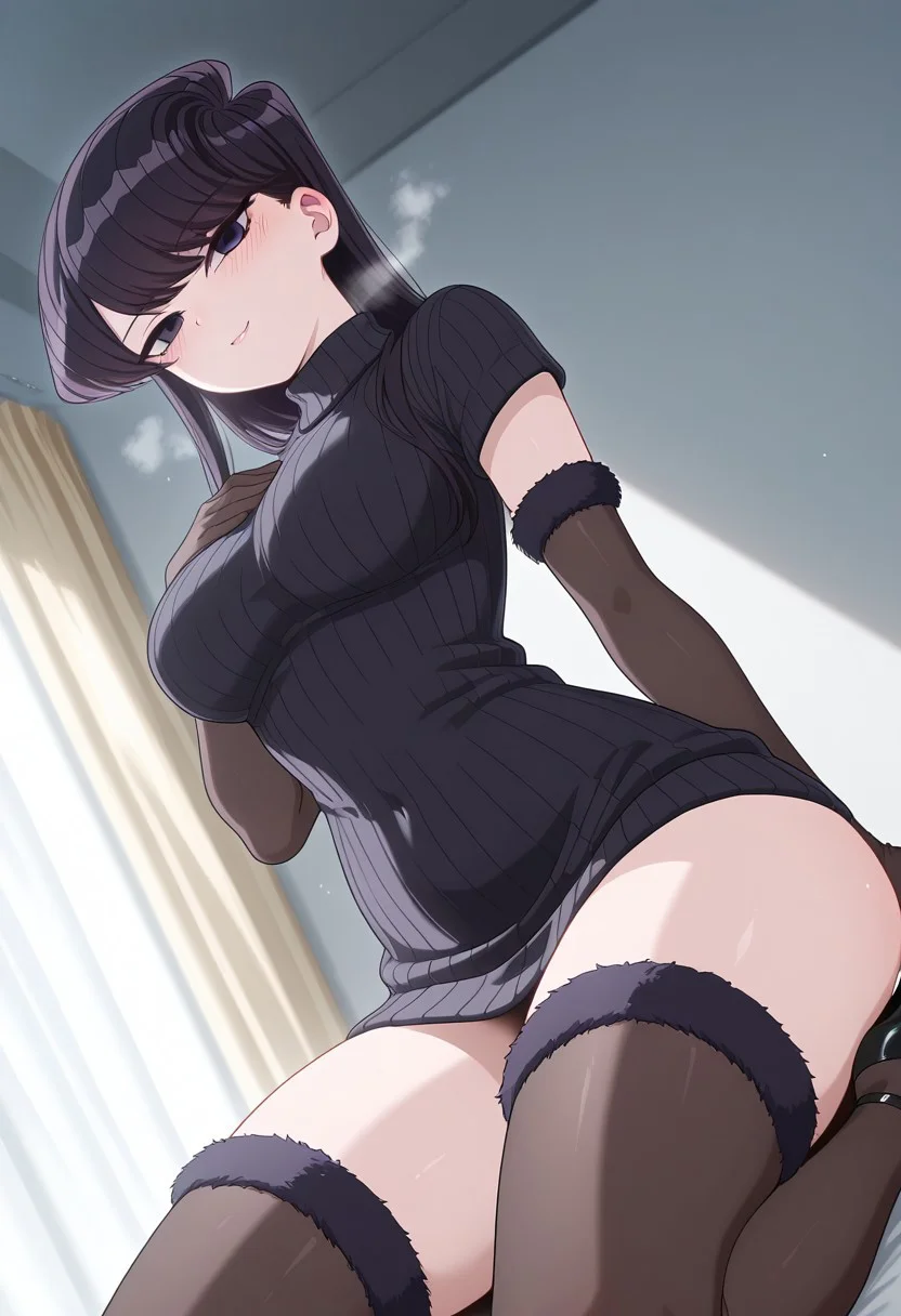 masterpiece, best quality, amazing quality, intricate detail, highly detailed, anime, anime coloring, dynamic angle, looking at viewer
BREAK
smile, blush, naughty face, steam, musk, komi shouko, 1girl, medium breasts,black hair, medium hair, bangs, purple eyes
BREAK
Open bust sweater, high heels, fur elbow gloves, fur thighhigh boots