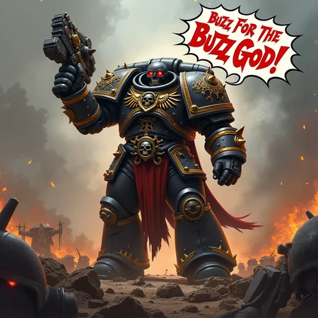 A highly detailed digital painting of a Chaos Space Marine from Warhammer 40,000, depicted with menacing armor covered in spikes and skulls. He stands triumphantly on a war-torn battlefield, his massive power fist raised high in the air, glowing with dark energy. The background is filled with debris, smoke, and the silhouettes of fallen warriors, creating an atmosphere of chaos and destruction. Above his head, a speech bubble in a bold, jagged font reads, "BUZZ FOR THE BUZZ GOD!" with Buzz emphasised and red. The Marine's helmet has glowing red eyes, and his armor is adorned with symbols of chaos, adding to his intimidating presence.