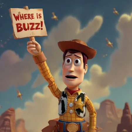 Woody holding a sign with text "where is buzz?" <lora:buzz-text:1>
Buzz lightyear flying in background