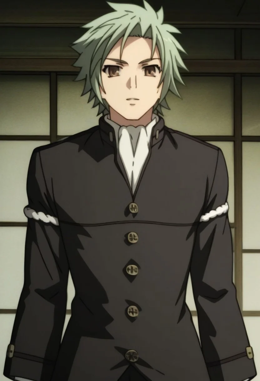 ((masterpiece)), ((best quality)), ((ultra-detailed)), ((absurdres)), score_9_up, score_8_up, score_7_up,
HD, top quality, best quality, amazing quality, High-quality illustrations, anime screencap, source_anime, best aesthetic, perfect proportions, perfect eyes, 1boy, 1male, solo boy, solo male, male focus, solo male focus, Anime, boy, male anime character, anime boy, handsome, sexy, cute, charming, ((looking at front, looking at viewer)), ((front shot, front view, view from front)), ((cowboy shot, head to hips shot)), ((tall body, tall height)), ((lean body)), Muneakira Yagyuu, gray-green hair, brown eyes, long black overcoat, leg-length overcoat, closed buttoned coat, white neck cravat, long sleeves, white armbands, black gloves, black pants, easynegative, updn, Expressiveh, masterpiece, best quality, very aesthetic, absurdres