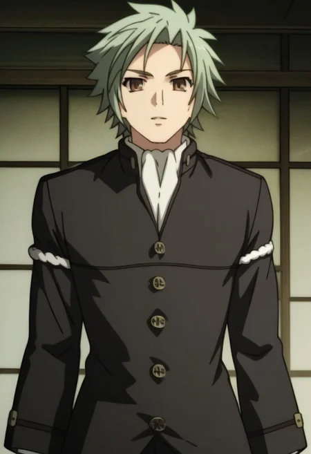 ((masterpiece)), ((best quality)), ((ultra-detailed)), ((absurdres)), score_9_up, score_8_up, score_7_up,
HD, top quality, best quality, amazing quality, High-quality illustrations, anime screencap, source_anime, best aesthetic, perfect proportions, perfect eyes, 1boy, 1male, solo boy, solo male, male focus, solo male focus, Anime, boy, male anime character, anime boy, handsome, sexy, cute, charming, ((looking at front, looking at viewer)), ((front shot, front view, view from front)), ((cowboy shot, head to hips shot)), ((tall body, tall height)), ((lean body)), Muneakira Yagyuu, gray-green hair, brown eyes, long black overcoat, leg-length overcoat, closed buttoned coat, white neck cravat, long sleeves, white armbands, black gloves, black pants, easynegative, updn, Expressiveh, masterpiece, best quality, very aesthetic, absurdres