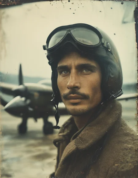 35mm vintage portrait photo of a pilot in front of this fighter plane, bokeh, depth of field, 4k, uhd, masterpiece