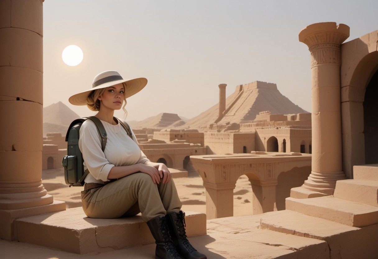 safe_pos, score_9, score_8_up, score_7_up, score_6_up, solo,
ancient egyptian ruins, desert background,
BREAK 1girl, Guin, detailed face, blonde straight hair in a bun, pale skin, big breasts,
BREAK archaeologist, fully clothed, cargo pants, leather boots, long sleeved shirt, sun hat, backpack, sitting, closeup,