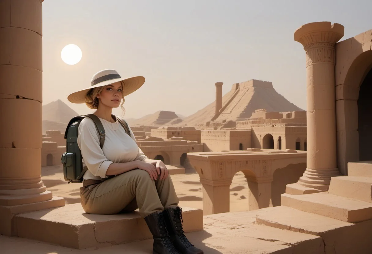 safe_pos, score_9, score_8_up, score_7_up, score_6_up, solo,
ancient egyptian ruins, desert background,
BREAK 1girl, Guin, detailed face, blonde straight hair in a bun, pale skin, big breasts,
BREAK archaeologist, fully clothed, cargo pants, leather boots, long sleeved shirt, sun hat, backpack, sitting, closeup,