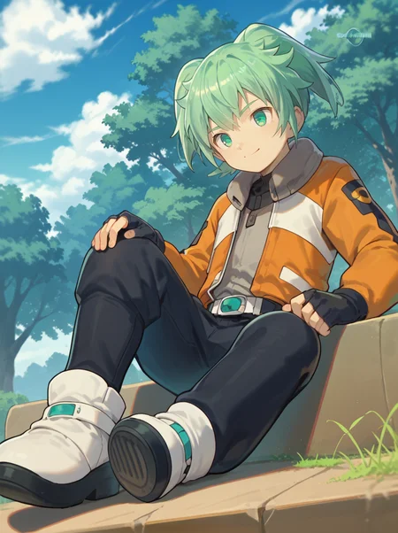 score_9,score_8_up,score_7_up,score_6_up,source_anime,masterpiece,(best quality),ultra detailed eyes,high-detailed,Ray Tracing,<lora:sora12:0.7>,feirun, 1boy, male focus, solo, green hair, twintails, green eyes, jacket, yellow jacket, long sleeves, gloves, black gloves, fingerless gloves, belt, pants, black pants, smile outdoor, sky, cloud, tree,sitting,<lora:Fei_Rune:1>,spread legs,foot focus,