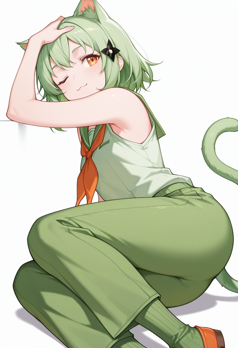 masterpiece,high quality details, absurdres, 
lying on side, one arm supporting head, relaxed legs, soft smile, casual vibe,  ,
 <lora:Mao_Kusagakure:0.8>
mao_cnr, 1girl, green hair, short hair,orange eyes, cat ears,cat tail,hair ornament,, ;3,, simple background, white background, from side,solo,, waistcoat   ,sailor shirt  ,pleated pants,  ,ribbed legwear,