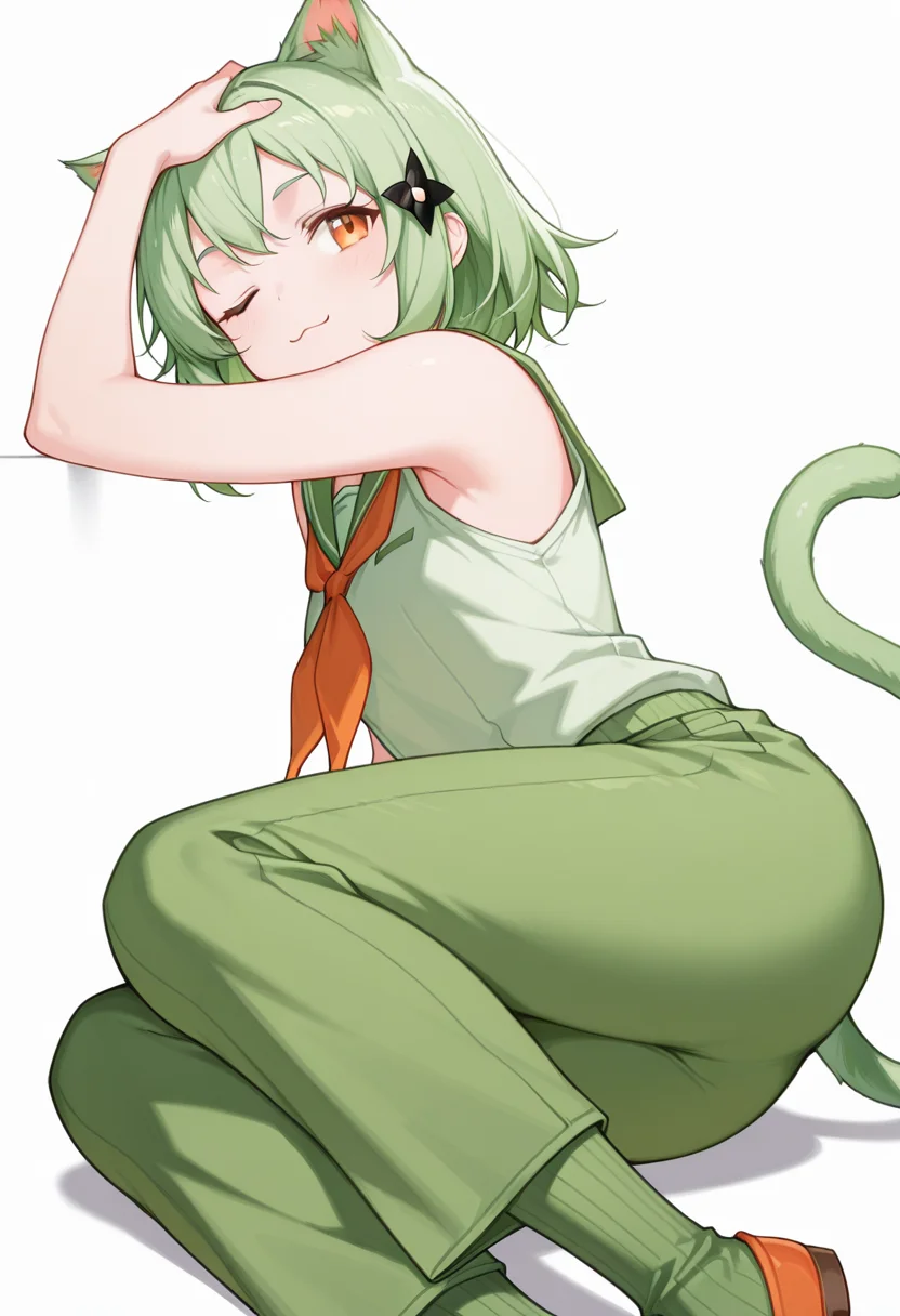 masterpiece,high quality details, absurdres,
lying on side, one arm supporting head, relaxed legs, soft smile, casual vibe, ,
<lora:Mao_Kusagakure:0.8>
mao_cnr, 1girl, green hair, short hair,orange eyes, cat ears,cat tail,hair ornament,, ;3,, simple background, white background, from side,solo,, waistcoat ,sailor shirt ,pleated pants, ,ribbed legwear,
