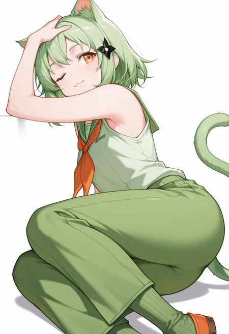 masterpiece,high quality details, absurdres,
lying on side, one arm supporting head, relaxed legs, soft smile, casual vibe, ,
<lora:Mao_Kusagakure:0.8>
mao_cnr, 1girl, green hair, short hair,orange eyes, cat ears,cat tail,hair ornament,, ;3,, simple background, white background, from side,solo,, waistcoat ,sailor shirt ,pleated pants, ,ribbed legwear,