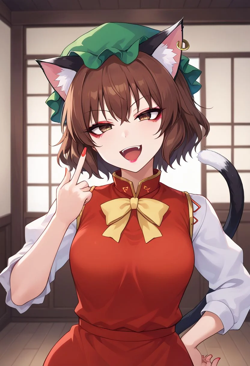 source_anime,
1girl, solo, chen,
brown hair, brown eyes, cat ears, green hat, mob cap, cat tail,
makeup, red eyeshadow, eyeliner,
pink lipstick,
small breasts, toned, curvy, (wide hips:0.9),
red dress, white juliet sleeves, frills,
dress shirt,
constricted pupils,
laughing, half-closed eyes,
looking at viewer,
upper body,
middle finger, nail polish,
indoors, chinese room,