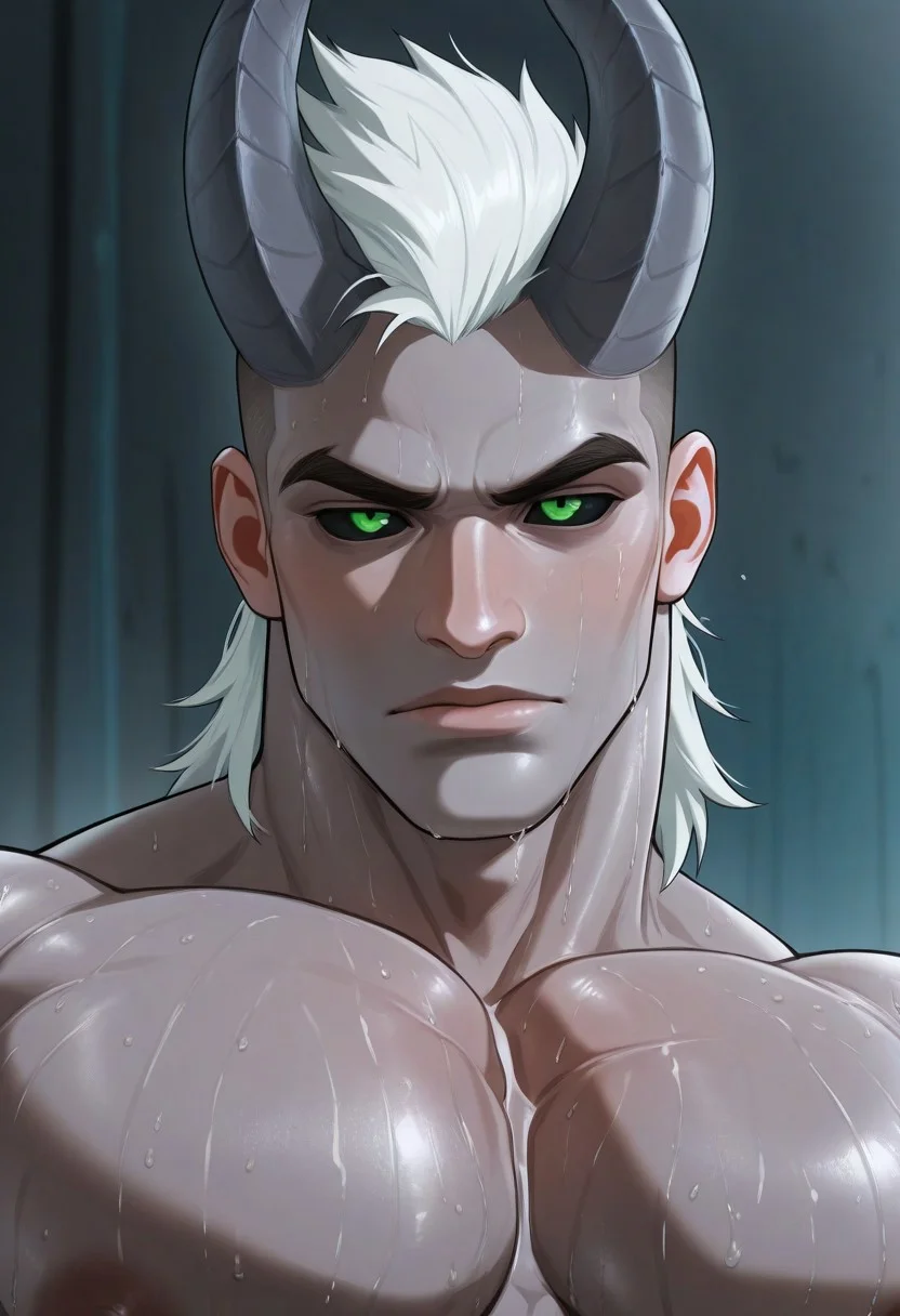 masterpiece, best quality, amazing quality, very aesthetic, absurdres, newest, detailed background, 1boy, solo, masculine, grey skin, grey horns on head, mullet, mohawk, short hair, sweaty, undercut, black sclera, green eyes, (white hair), portrait, big pecs, broad shoulders, qunari,
