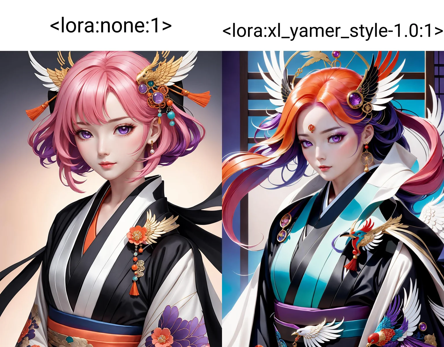 (highly detailed:1.3), Wearing a mofuku iromuji, a casual black mourning kimono, the character's attire is crafted from a lightweight silk fabric, The fabric has a soft and breathable feel, providing comfort during periods of mourning,An elegant phoenix, its plumage depicted with intricate embroidery, stretches its wings across the fabric, The vibrant threads capture the mythical bird's majestic presence, symbolizing rebirth and resilience, The character fastens a kesa brooch to the front of her kimono, The brooch is adorned with a intricate design or gemstones, serving as a decorative accent and highlighting the character's attention to detail, (The character's kimono features a vibrant and playful coral orange,) representing joy and exuberance:1.2, Ultra-detail, (highres:1.1), best quality, (masterpiece:1.3), cinematic lighting, (highly detailed face and eyes:1.3), (full body:1.2), (pink hair:1.2), (purple eyes:1.2), (arms behind head:1.3), (wariza:1.2), detailed background, ((cyborg, cyberpunk)), steampunk, robotic parts, bright colours, yamer style, <lora:none:1>