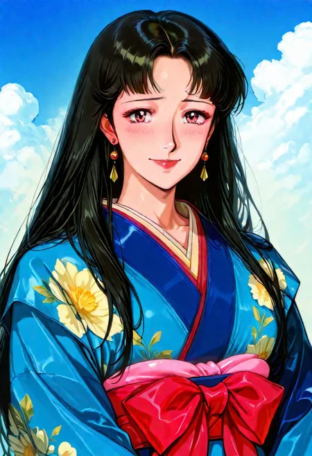 RTKXI style, 1990s_\(style\),retro_artstyle,1woman,mature female,black_hair,long_hair,bangs,blue_Japanese_Kimono,earrings,looking at viewer,,(detailed face,shy,smile,red_lips), ,outdoor,blue_sky,cloud,BREAK score_9, score_8_up, score_7_up, source_anime,masterpiece, best quality,official art,perfect_anatomy
(best quality) , (highly detailed) ,((masterpiece)), ((best quality)), (ultra-detailed), ((extremely detailed)), (high resolution), 4K, (8K), best quality, (beautiful), (dynamic lighting),