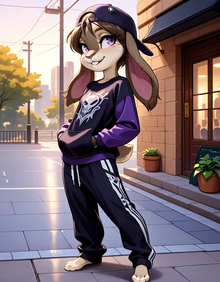 masterpiece, best quality, very aesthetic, absurdres,
outdoors, streetwear,  
barefoot, full body, posing, standing, 
seductive smile, parted lips, long eyelashes,
<lora:Nicole_Meadowsong_v01_NAIXL:1>
N1c013,1girl,solo,furry,furry female,rabbit girl,brown hair,backwards hat,short hair,rabbit ears,purple eyes,snout,animal nose,whiskers,buck teeth,body fur,two tone fur,brown fur,grey fur,rabbit tail,
