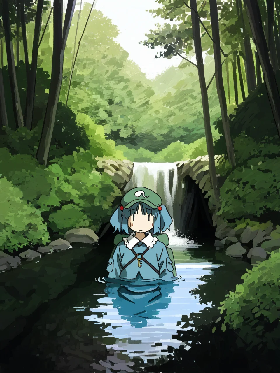 masterpiece, best quality, very aesthetic, very awa, highres, [photo background::0.1], faux traditional media, painting \(medium\),   1girl, solo,
outdoors,  forest, (river:0.7), kawashiro nitori, shade, tree, bush,backpack, ||, upper body,  partially submerged, 
(artist:hamada yoshikadu:0.7)
 <lora:prasetyoadii22:1>