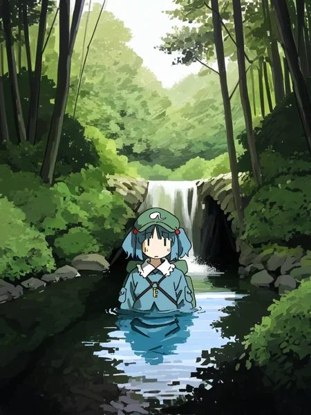 masterpiece, best quality, very aesthetic, very awa, highres, [photo background::0.1], faux traditional media, painting \(medium\),   1girl, solo,
outdoors,  forest, (river:0.7), kawashiro nitori, shade, tree, bush,backpack, ||, upper body,  partially submerged, 
(artist:hamada yoshikadu:0.7)
 <lora:prasetyoadii22:1>