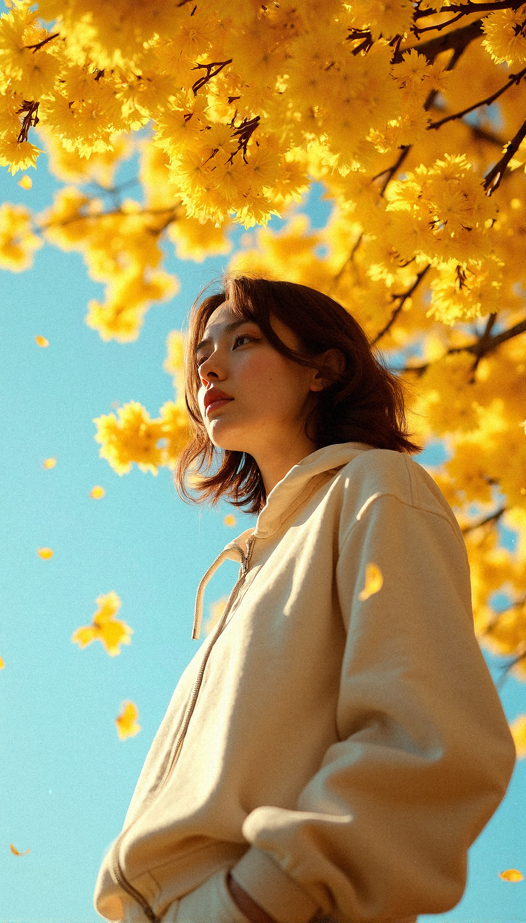  a close-up portrait of a woman  beneath a tree covered in bright yellow blossoms, the sunlight filtering through the branches to cast a soft, warm glow on her face. She wears a light, casual tracksuit, her hands resting in her pockets, and her expression is serious and contemplative. The petals above her drift lazily in the gentle breeze, creating a contrast between her thoughtful demeanor and the vibrant, lively canopy. The backdrop retains the deep blue sky, softly illuminated by the sunlight, while the vibrant blossoms stand out vividly against it. Capture the texture of her attire, the individual petals, and the soft interplay of light and shadow in a photorealistic style.