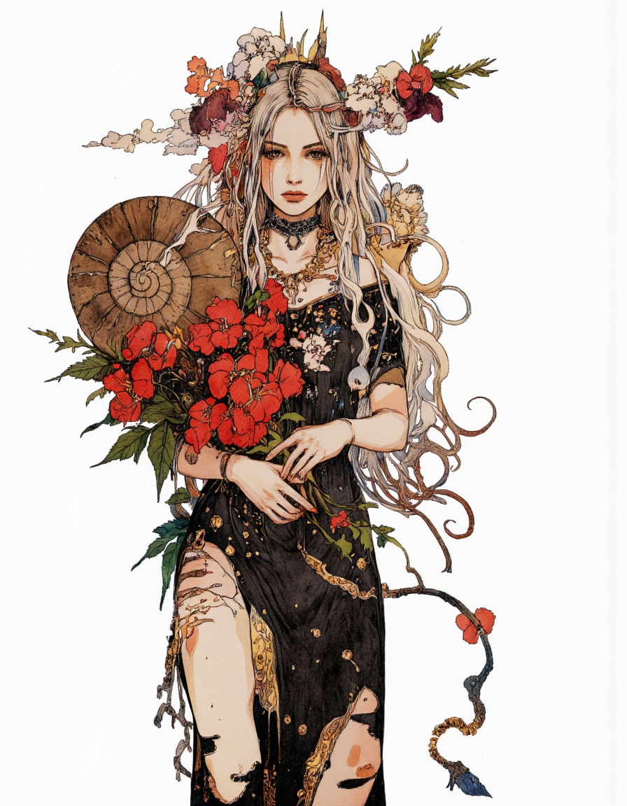 Art by Akiya Kageichi. A digital illustration shoot from a frontal camera angle about a stylized illustration of a woman with long, flowing hair adorned with flowers and a shell, standing in the middle of the image. the woman, who appears to be in her mid-twenties, has a serious expression and is wearing a dark, torn dress with intricate patterns and floral elements. she is standing with her hands clasped in front of her, holding a large, round, brown shell in her left hand and a bouquet of red and white flowers in her right hand. her hair is styled in long, wavy locks and cascades down her back, adorned with a variety of colorful flowers and leaves. the background is a plain white, providing a stark contrast to the intricate details of the woman's outfit and the vibrant colors of the flowers and foliage.