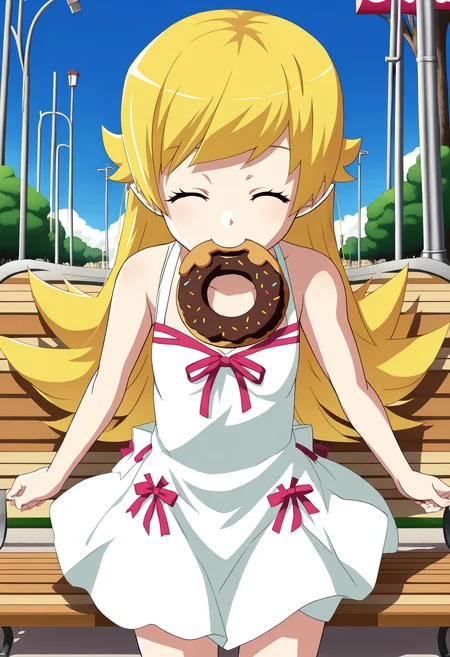 source_anime, 1girl, solo, looking at viewer, <lora:oshino_shinobu_pony:1>oshino_shinobu, park bench, outdoors, cowboy shot, mouth hold, doughnut, holding doughnut, closed eyes,