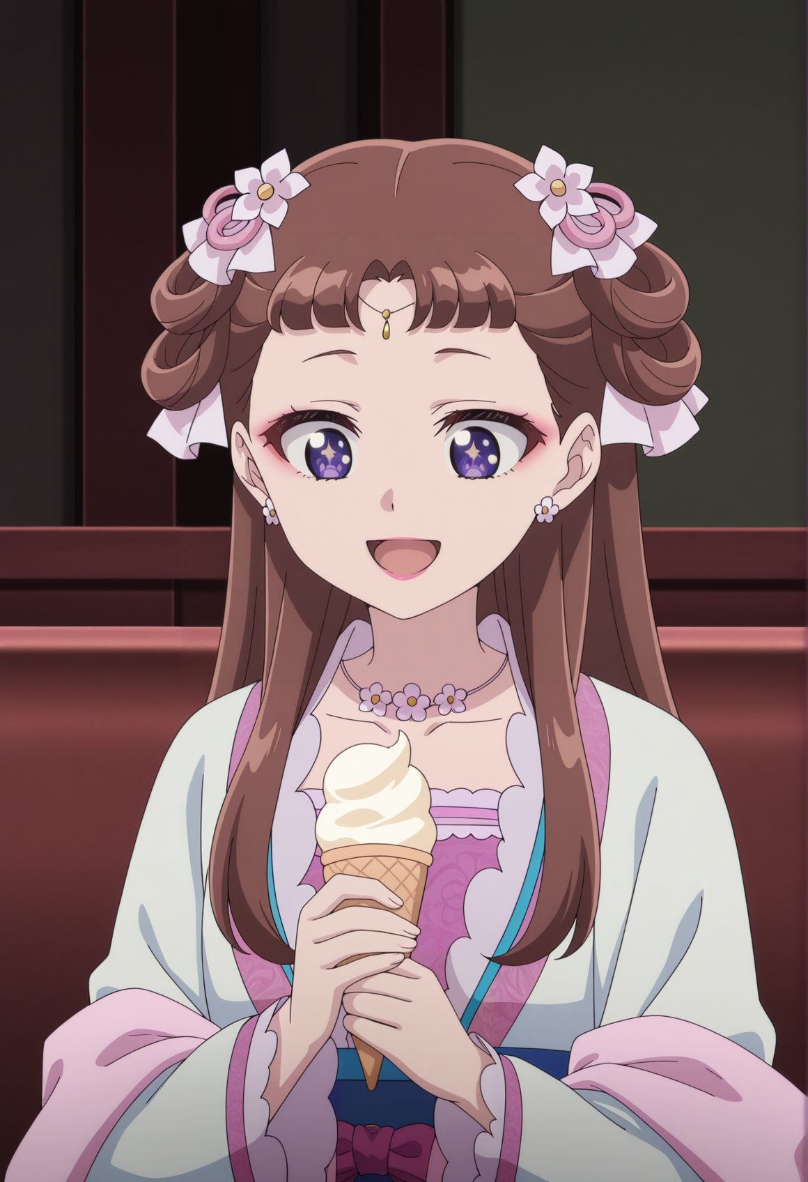 anime screenshot, anime coloring, 1girl, brown hair, purple eyes, long hair, hair rings, hair ornament, hair flower, jewelry, forehead jewel, necklace, chinese clothes, stole, makeup, eyeliner, lipstick, sitting, holding ice cream, happy, smile, starry eyes, upper body, looking down, open mouth   <lora:lishu_kusuriya_v2:1>, masterpiece, best quality, amazing quality, very aesthetic, absurdres, highres, newest
