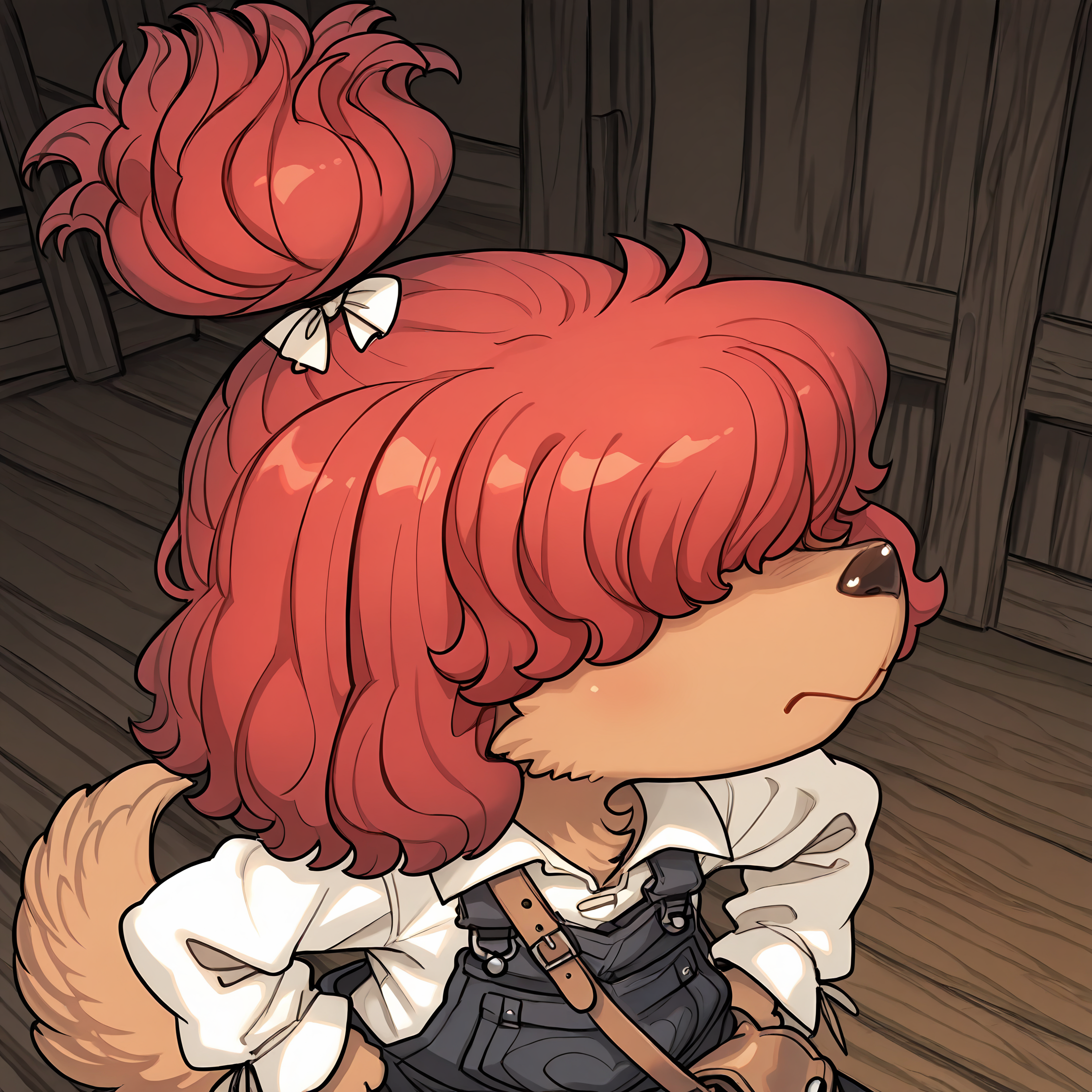 BREAK, <lora:Wappa_Charlotte:1>, Wappa Charlotte, Fuga: Melodies of Steel, kemono, furry female, young female, 1girl, dog girl, tan fur, hair over eyes, red hair, bangs, dog tail, Fuga 1 appearance, topknot, ponytail, hair bow,
BREAK, Fuga 1 Outfit, baggy overalls, white blouse, long sleeves, brown satchel, shoulder bag,
BREAK, solo, face focus, close-up, looking away, hands on hips, :>, looking up, proud