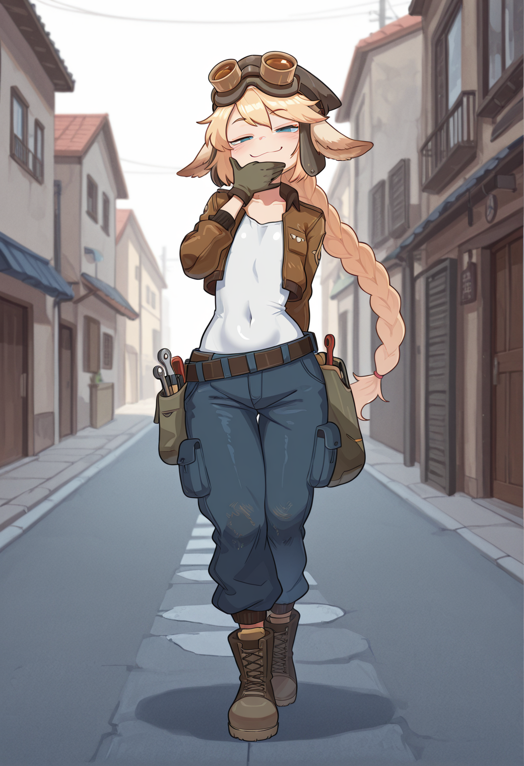(detailed background:1.1), thick outlines, outdoors, street, <lora:Rapscallion_Illustrious:0.4> rapscallionstyle, <lora:v1:0.8> <lora:Marianne_Guardian_Tales:0.8> 
BREAK
(1girl, solo:1.2), (mariannegt, blonde hair, long braid, animal ears), standing, arm behind back, hand on mouth, smug,
BREAK
gloves, cargo pants, (jacket:1.3), boots, goggles on headwear, belt, tools, belt pouch, shirt, covered navel, 
BREAK
flat chest