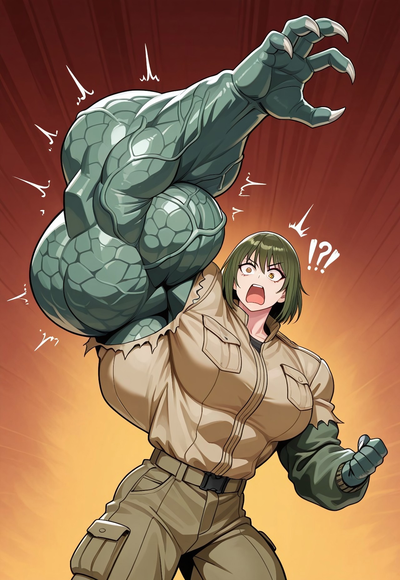 , masterpiece, best high quality, ultra details, intricate details),  female adventurer, wearing a rugged khaki jacket, cargo pants, detailed face, detailed body, detailed background, perfect anatomy, masterpiece, high quality, best quality, amazing quality, very aesthetic, , fear expression, open mouth, , looking at arm, !?, (((Uneven hyper arm growth,claws,monster girl))),(hyper muscle,green arm:1.2) , Ripped clothes, , 