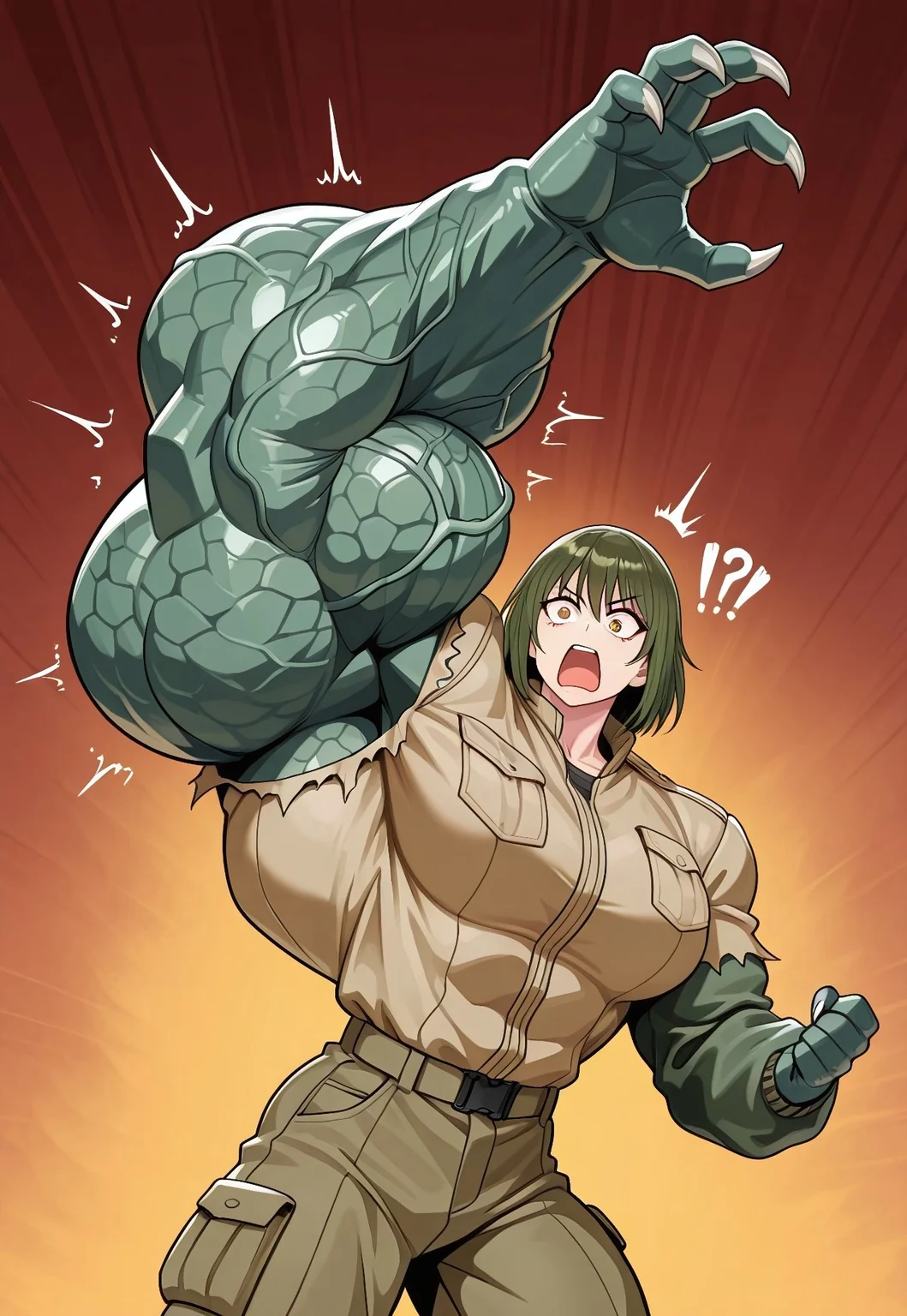 , masterpiece, best high quality, ultra details, intricate details), female adventurer, wearing a rugged khaki jacket, cargo pants, detailed face, detailed body, detailed background, perfect anatomy, masterpiece, high quality, best quality, amazing quality, very aesthetic, , fear expression, open mouth, , looking at arm, !?, (((Uneven hyper arm growth,claws,monster girl))),(hyper muscle,green arm:1.2) , Ripped clothes, ,