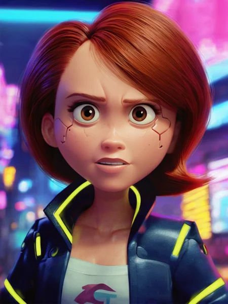 <lora:Helen_Parr:0.6> pa_rr, 1girl, ginger hair, brown eyes, cyberpunk neon outfit, at night, night city, score_9, score_8_up, score_7_up,