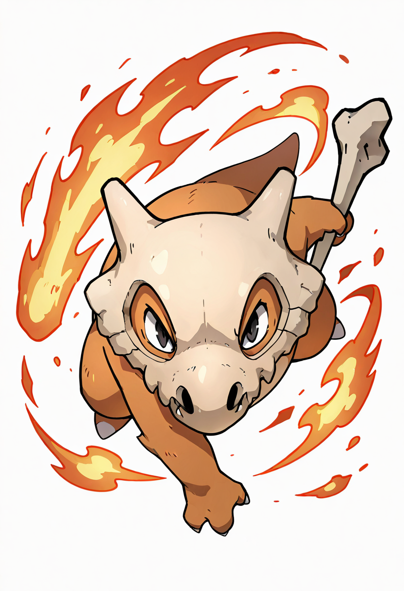masterpiece, best quality, no humans,   ,<lora:CubonePokedex_IXL:1.0>,  zzCubone, looking at viewer, simple background, white background, full body, black eyes, fangs, claws, bone, angry, fire, attacking,