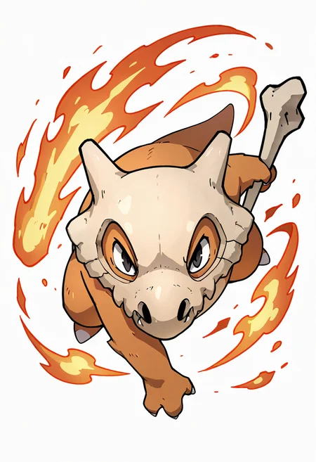 masterpiece, best quality, no humans, ,<lora:CubonePokedex_IXL:1.0>, zzCubone, looking at viewer, simple background, white background, full body, black eyes, fangs, claws, bone, angry, fire, attacking,