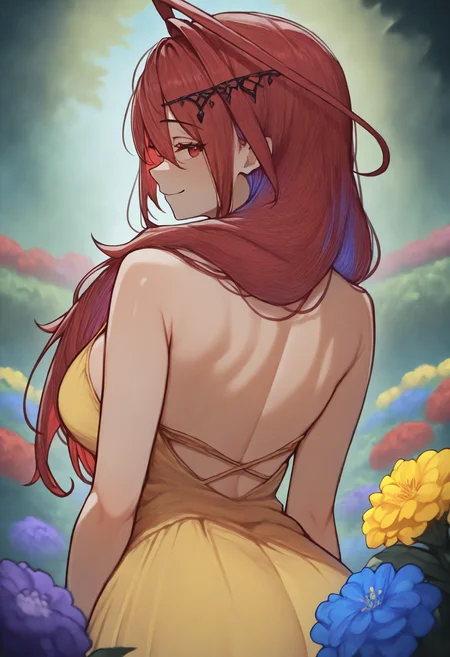 masterpiece, best quality, 1girl, solo, El1zabethRB, red eyes, red hair, colored inner hair, long hair, huge ahoge, hair ornament, from behind, outdoors, looking back, smile, yellow sundress, garden, flower, red flower, blue flower, yellow flower, purple flower, hair over shoulder, <lora:ChamElizabethRoseBloodflameV2IllustriousXL:1>