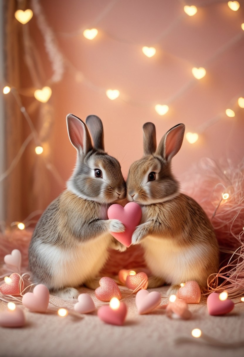 Valentine,
adorable animals,bunnies, heart-shaped tokens, cozy nests, warm atmosphere, soft pastel colors, fairy lights, affectionate mood, whimsical, gentle lighting,companionship, charming, playful, heartwarming