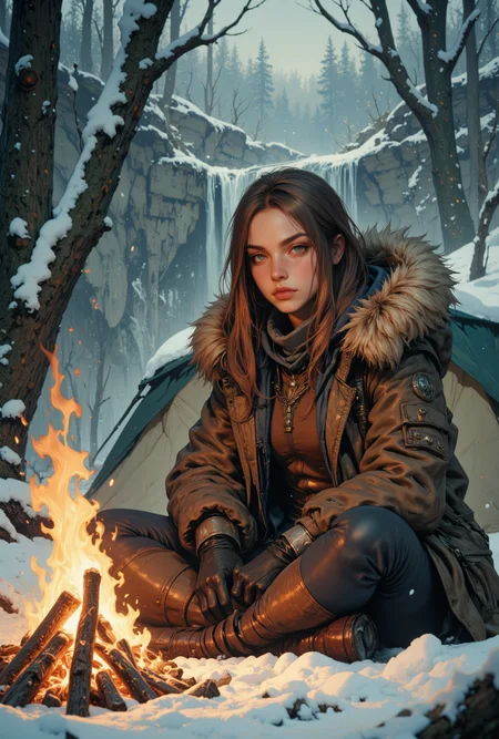 Image is a wide angle high resolution close up digital artwork featuring a beautiful female adventurer camping in a winter forest. She has long brown hair with blue eyes and is wearing a fur winter coat with leather and gloves. She's sitting in the snow next to a campfire. This is set in a snow storm. Behind her is a tent. In the background is snow, dead trees, river, waterfall. Focus on her face and intense focus. <lora:FluxMythR3alisticF:0.5> <lora:FluxMythG0thicL1nes:0.6> <lora:FluxMythR3tr0Style:0.6> <lora:OBååå®èåç»V2.0:0.6>
