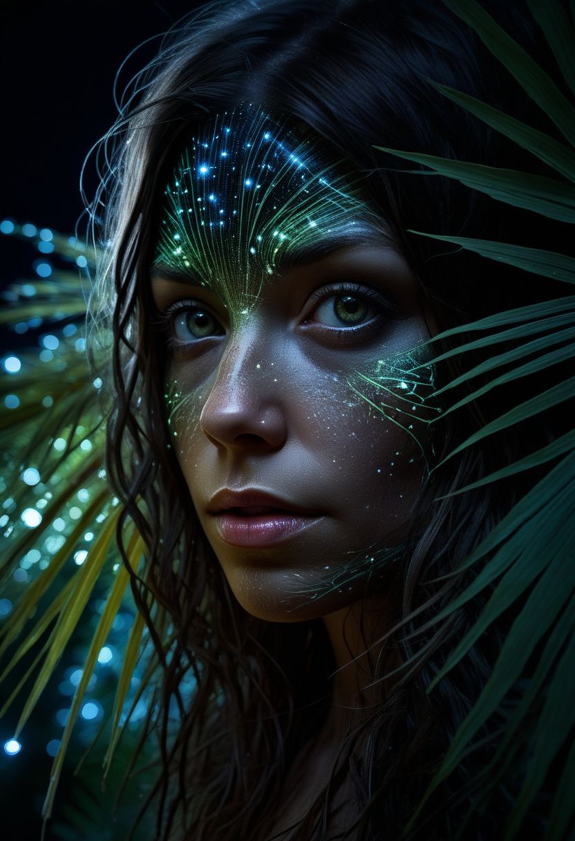 close-up face, mysterious silhouette of a woman, glowing fireflies illuminating her, night time palm trees, goddess, alluring, by Minjae Lee, Carne Griffiths, Emily Kell, Steve McCurry, Geoffroy Thoorens, Aaron Horkey, Jordan Grimmer, Greg Rutkowski, amazing depth, double exposure, surreal, geometric patterns, intricately detailed, bokeh,  perfect balanced, deep fine borders, artistic photorealism , smooth,  great masterwork by Suiras  <lora:add-detail-xl:2>  <lora:Double_Exposure:0.5>