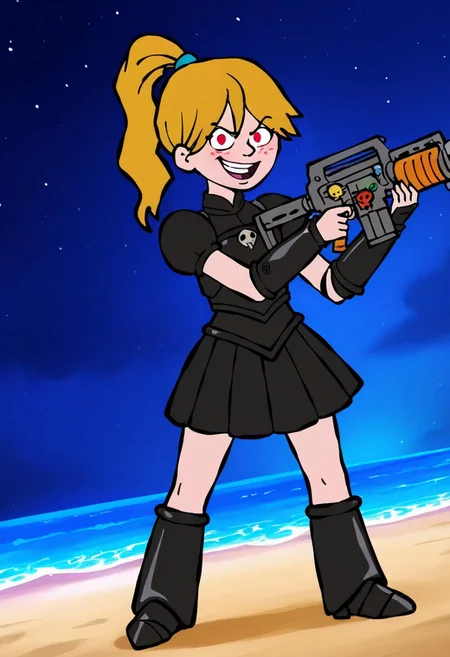 masterpiece, best quality, absurdes,, 1girl, solo,
(source cartoon),
<lora:Izzy (Storybooth) (Illust):0.8>
Izzy_Storybooth, blonde hair, high ponytail, freckles, dot eyes, Full body,
smile, Perfect Small flat chest natural breasts;
Psycho warrior, armor, angry, red eyes, [insert armor color], [insert helmet color] medium metal Skirt, Warrior Kit,
holding weapon, m41apls,  
beach, headgear, wide hips,  looking at the viewer, slight blush, open mouth, smile, smirk, shiny skin, standing, dynamic pose, dynamic angle, night,
<lora:Detailer_NoobAI_Incrs_v1:0.4> detailed, <lora:hermitaur-armor-illustriousxl-lora-nochekaiser:1>,