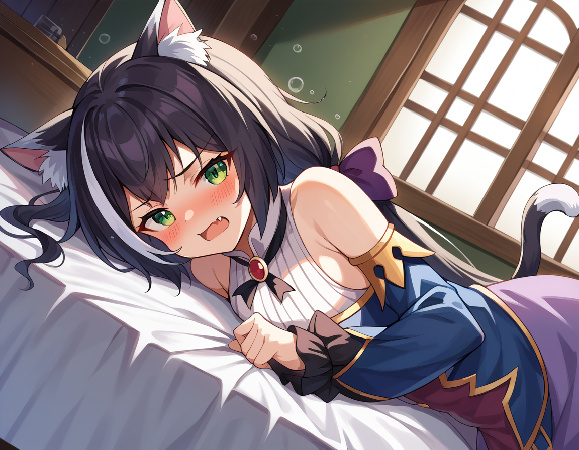 score_9, score_8_up, score_7_up, source_anime,
princessconnectkaryl, <lora:princess-connect-karyl-ponyxl-lora-nochekaiser:1>
karyl, animal ear fluff, animal ears, black hair, black ribbon, cat ears, cat girl, cat tail, fang, green eyes, hair bow, long hair, low twintails, multicolored hair, purple bow, ribbon, skin fang, streaked hair, tail, twintails, vertical stripes, white hair,
arm support, blue sleeves, bow, brooch, detached sleeves, dress, frilled sleeves, frills, multicolored clothes, multicolored dress, neck ribbon, sleeveless, sleeveless dress, striped,
indoors, bed, bed room, on side, blush, drunk,
looking at viewer, dutch angle, cowboy shot