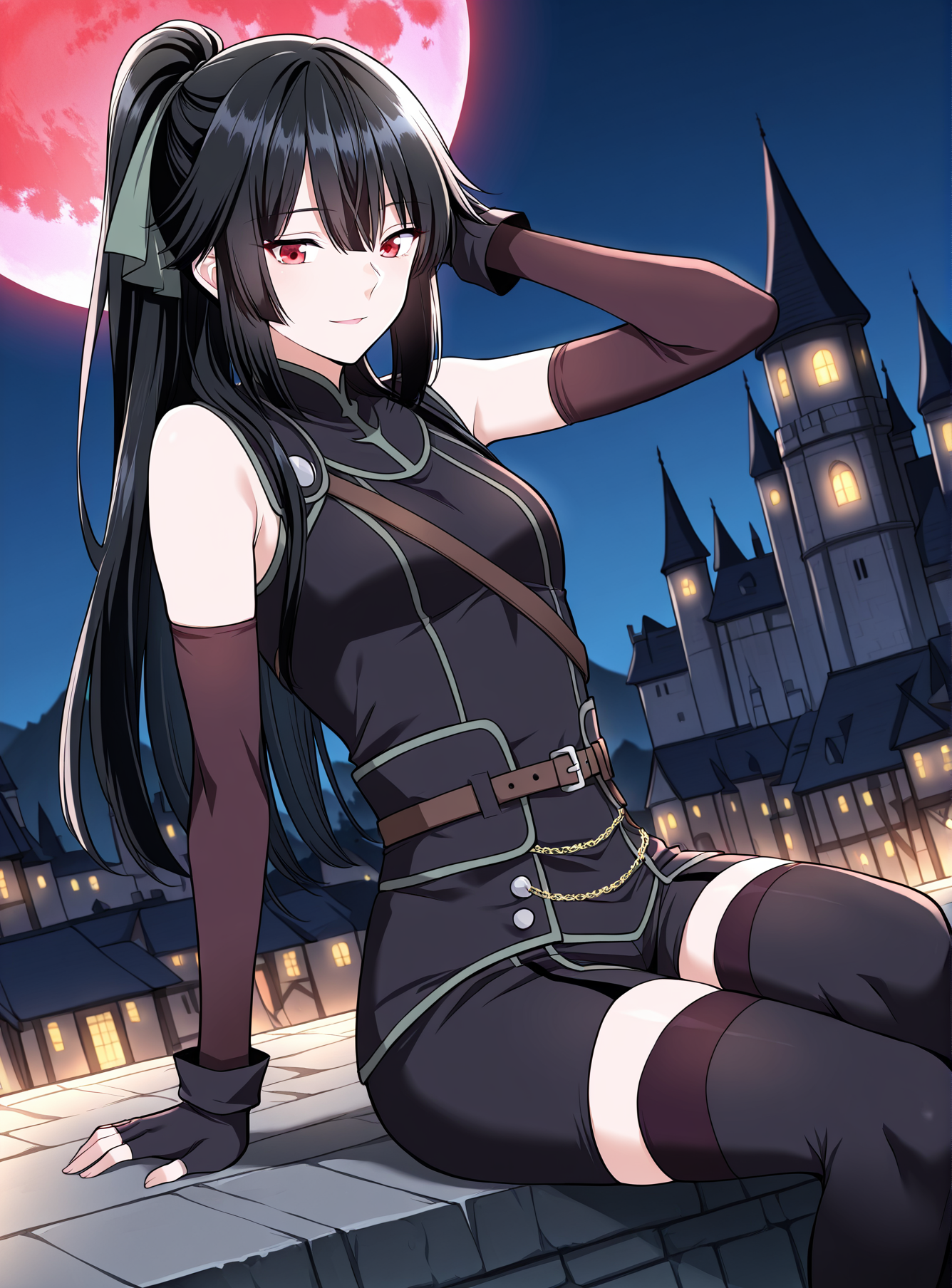 <lora:Jasmine_Flamesworth__The_Beginning_After_the_End__Illustrious:1>
1 girls, solo, red eyes, black hair, long hair, ponytail, bangs, hair between eyes, sidelocks, small breasts
hair ribbon, black gloves, fingerless gloves, elbow gloves, thighhighs, belt, sleeveless, black short, bare shoulders
score_9, score_8_up, score_7_up, very aesthetic, source_anime, detailed, high quality, beautiful, masterpiece, detailed eyes, castle, village, blurry background, cityscape, pose dynamic angle, light smile, open mouth, hand on hair, sitting, night, red moon