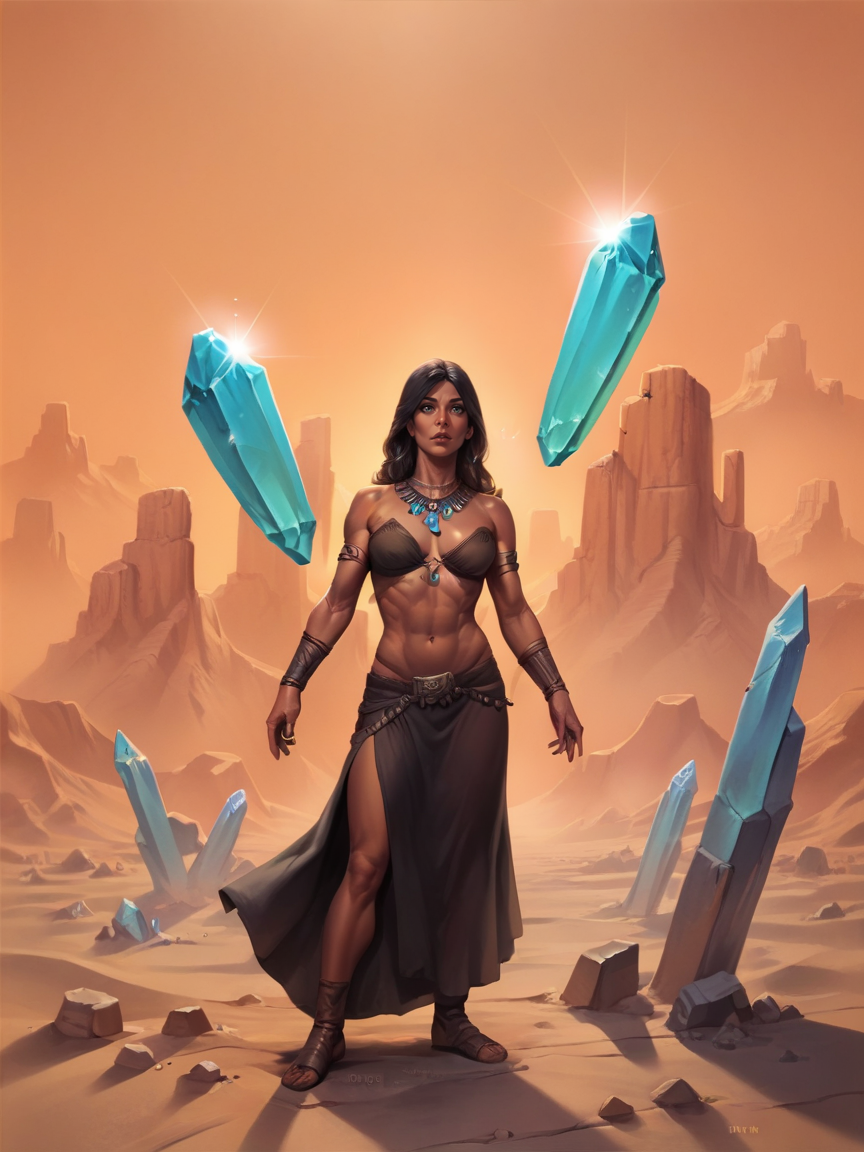score_9. score_8_up, score_7_up, score_6_up, score_5_up, score_4_up,  <lora:c0rb3nXLP:0.8> c0rb3n, 1girl, curvy, crystals, desert