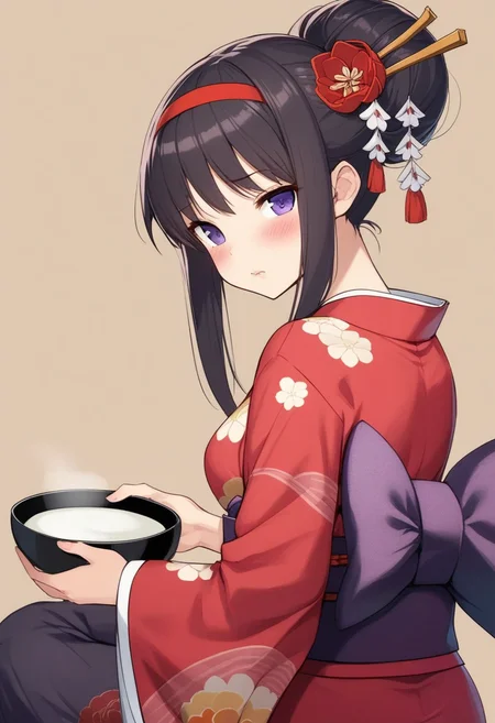 masterpiece,best quality,very aesthetic,absurdres,<lora:akemi_homura:1>,girl, akemi_homura, alternate_costume, alternate_hairstyle, ass, beige_background, biting_own_lip, black_hair, blush, chopsticks, closed_mouth, commentary_request, dutch_angle, expressionless, floral_print, from_behind, hair_flower, hair_stick, hair_up, holding_bowl, kanzashi, lips, long_sleeves, looking_at_viewer, looking_back, medium_breasts, mochi, obi, purple_eyes, red_hairband, red_kimono, shiruko_\(food\), sidelocks, single_hair_bun, sitting, solo, wagashi, wide_sleeves