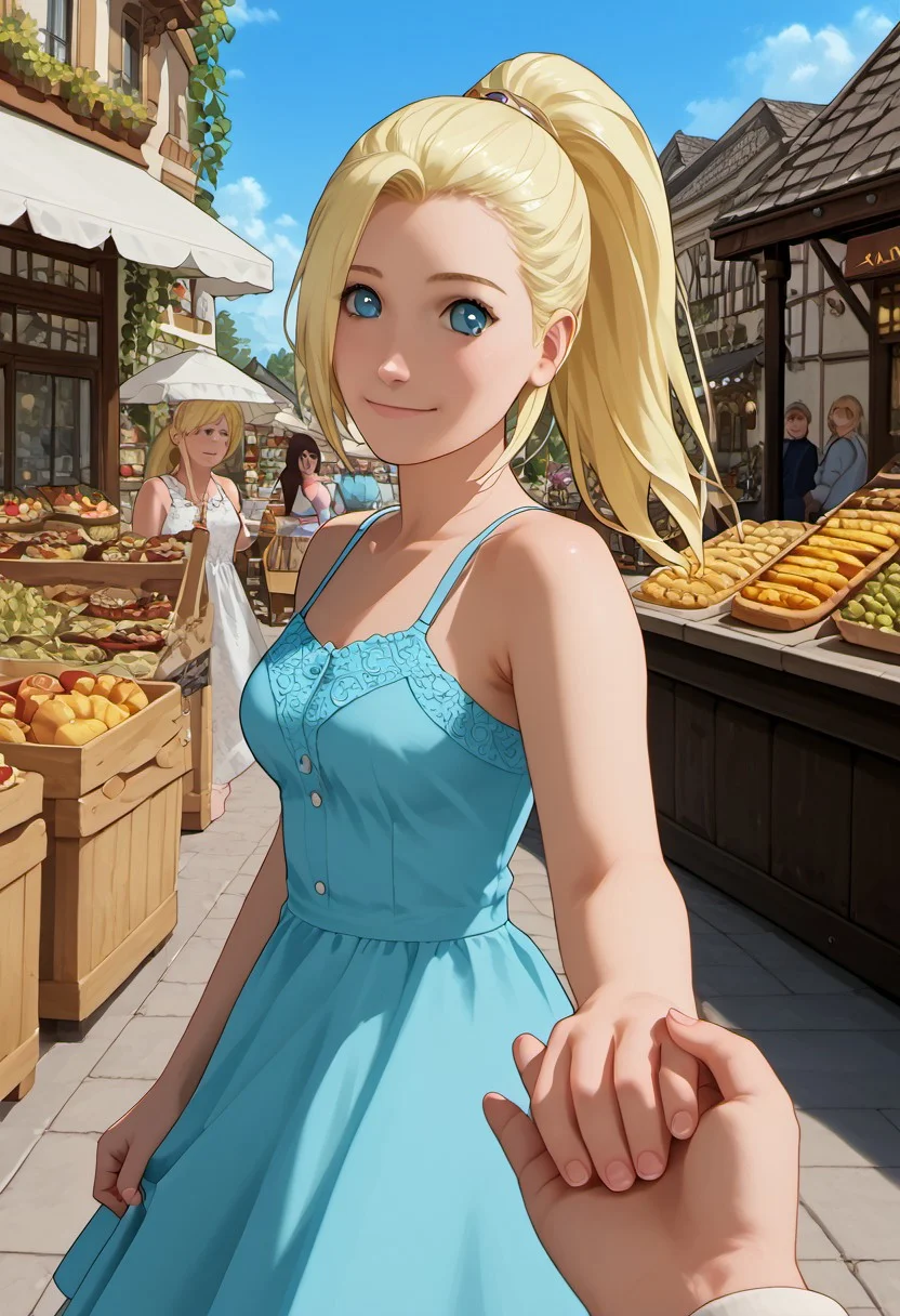 1girl, solo, score_9_up, score_8_up, score_7_up, score_6_up, cute face, detailed and beautiful face, detailed and beautiful eyes, cute girl, inoYamanakaPDXL, blonde, ponytail, blue eyes, medium breasts, sundress, walking in a marketplace, many food stalls, looking at the viewer, detailed, intricate details, realistic, FaceDetail, stunning, masterpiece, side view, smiling, closed mouth, holding hands, solo focus, pov hands, out of frame