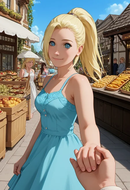 1girl, solo, score_9_up, score_8_up, score_7_up, score_6_up, cute face, detailed and beautiful face, detailed and beautiful eyes, cute girl, inoYamanakaPDXL, blonde, ponytail, blue eyes, medium breasts, sundress, walking in a marketplace, many food stalls, looking at the viewer, detailed, intricate details, realistic, FaceDetail, stunning, masterpiece, side view, smiling, closed mouth, holding hands, solo focus, pov hands, out of frame