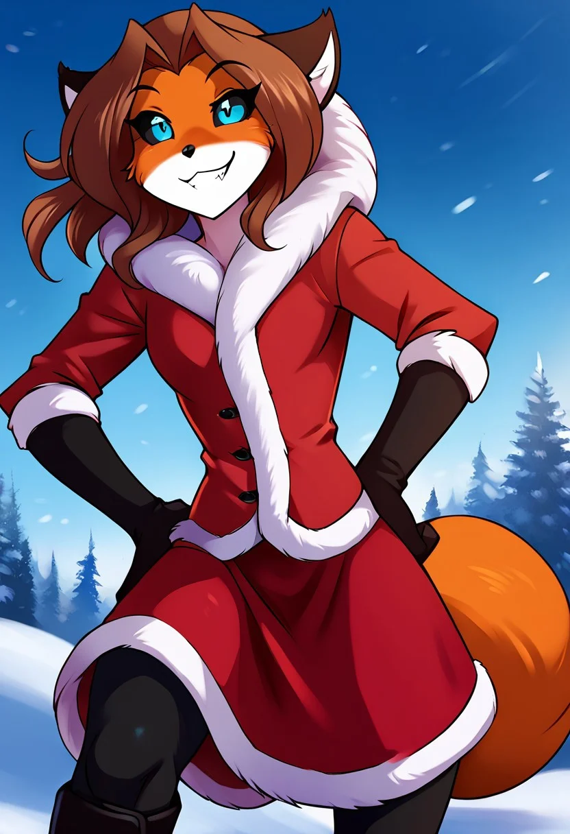 score_9, score_8_up, score_7_up, score_6_up, score_5_up, score_4_up, rating_safe, source_furry, detailed background, snowy winter in background, (late night:1.1), 1girl,female anthro fox standing, leaning forward, low-angle view, (solo:1.1), half-length portrait,
BREAK
female, furry, anthro,(fox:1.1), fox tail, (cute expression, cute face:1.1), (fox snout:1.1), smiling at viewer, hands on hips, smug grin, breasts,, blue eyes, <lora:Laura-Twokinds-SDXL-AnonTK-V1:0.9> , laura-twokinds, brown hair, black sclera,
BREAK
(red jacket, fur trim,fur-trimmed jacket:1.1), hood, , boots, (black stockings:1.1), red skirt <lora:Alice_SDXL:0.8>
BREAK
<lora:PDXL_artist_tags_v2:1> (by iskra:1.1),