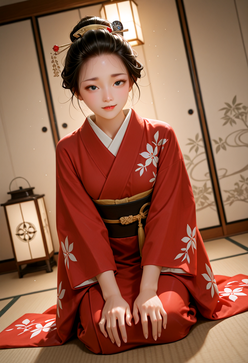 IllusP0s, masterpiece, best quality, amazing quality, very aesthetic, absurdres, newest, ((dynamic angle:1.4)), (detailed eyes),((ultra detailed hair:1.4))
BREAK
1girl,solo, ka0ru-1zud,black eyes, <lora:Kaoru_-_Izu_Dancer_-_AI_Challenge:0.5>, (White skin makeup:0.6), J_hairstyle, (sparkling eyes:0.8), ((nihongami)), ((hair bun:1.4)), ((hair pulled back)),(Sparkle eyes:1.3)
dark obi,((long kimono drags ground)),,(((red kimono:1.4))), ((geisha kimono)),(((Long-hemmed kimono:1.4))),Knee-length slits,tabi
Tension, anxiety ,Preparation for Japanese dance
BREAK
1736, Japan,  drinking and banquet room, pine-patterned shoji screen, tatami mats, lanterns, large folding screen with cranes, ((dark:0.8)), lantern lighting
seiza, shamisen, face focus, Palms on feet