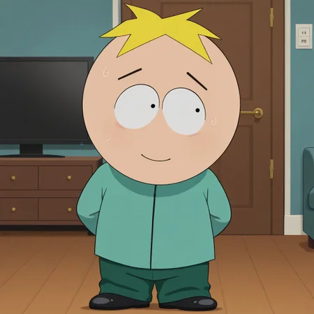 masterpiece, best quality, amazing quality, official style, butt3rsst0tch, male, solo, human, young, blonde hair, short hair, black eyes, short, turquoise shirt, green pants, black shoes, standing, hands behind back, nervous, smiling, looking aside, indoors, living room