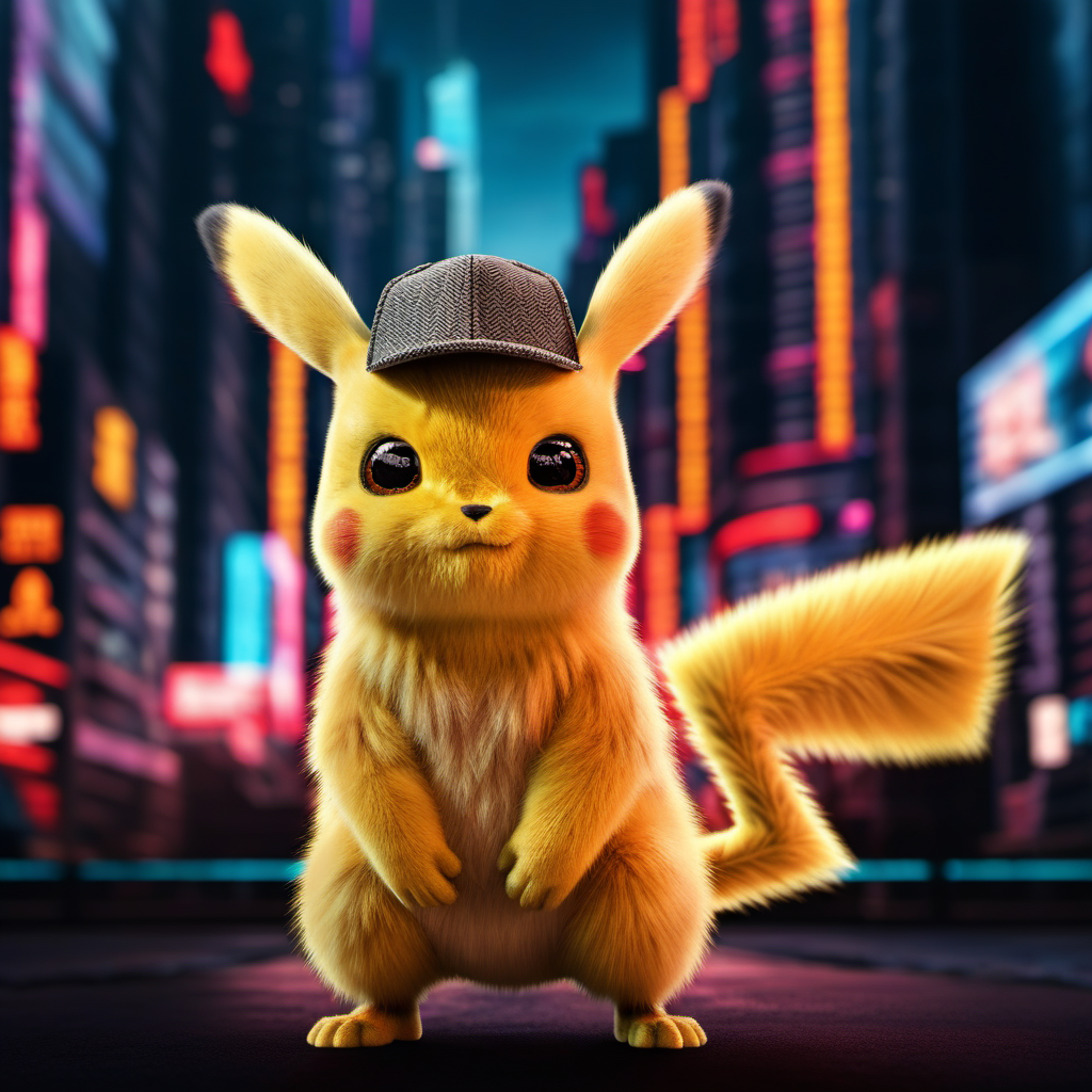 DetectivePikachu1024 wearing a cap, cyberpunk city background, highly detailed , photography, ultra sharp, film, bokeh, professional, 4k, highly detailed   <lora:add-detail-xl:1.5>  <lora:Ulysse31-768:0.7> <lora:DetectivePikachu1024:0.8>