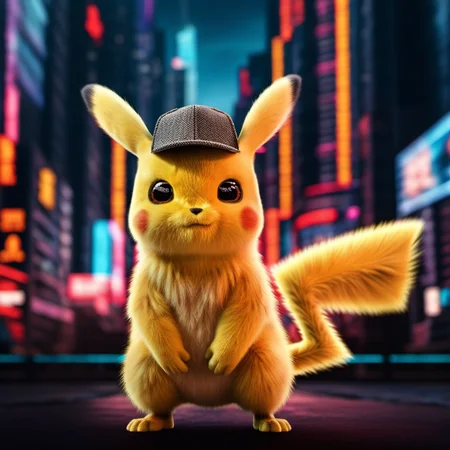 DetectivePikachu1024 wearing a cap, cyberpunk city background, highly detailed , photography, ultra sharp, film, bokeh, professional, 4k, highly detailed   <lora:add-detail-xl:1.5>  <lora:Ulysse31-768:0.7> <lora:DetectivePikachu1024:0.8>
