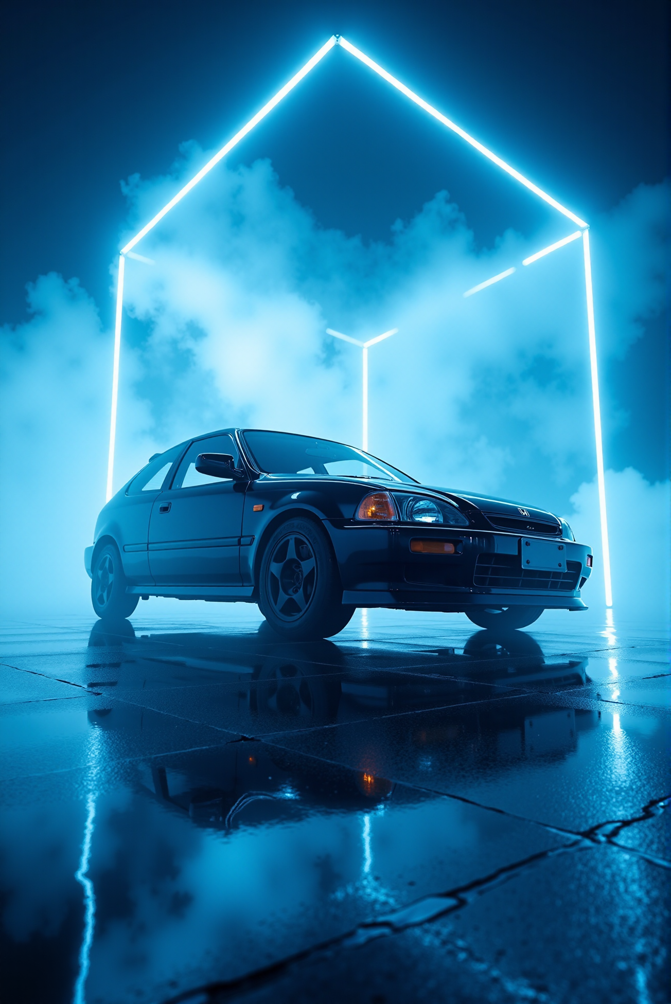 <lora:Honda_Civic_Type-R_EK9:1.0> Honda Civic Type-R EK9. 
Suspended within a cube of laser-defined light beams slicing through artificial fog, the (Honda Civic Type-R EK9 from '90) appears almost weightless, as if levitating within a digitally constructed arena. The ground plane is polished obsidian, reflecting the carâs underside in sharp inverse, while the atmosphere is tinted in silvery blue hues that contrast against the warm tones of the carâs details. The shot is taken from a low dolly-camera angle with wide lens curvature, creating depth and distortion that exaggerates the stance and flare of the fenders. The lighting choreography mimics a stage revealâclean, rhythmic, and synchronizedâblending minimalist cyber aesthetics with dramatic tension and surreal serenity.  (A mirror-like, ultra-gloss finish of the car produces vivid, sparkling glints of light across its surface:1.1).