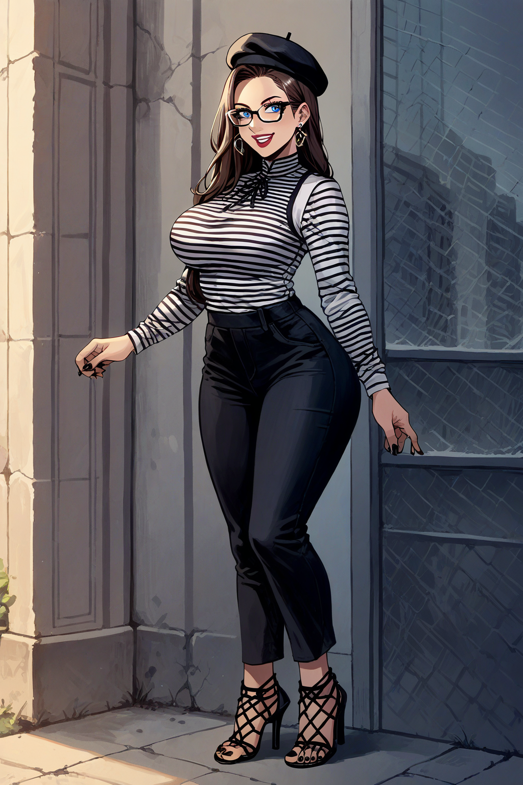 score_9, score_8_up, score_7_up, score_6_up, source_anime, 1girl, solo,  smopalne, brown hair, long hair, blue eyes, eyeshadow, lipstick, earrings, large breasts, black beret, striped shirt, long sleeves, black and white shirt, black pants, wide hips, looking at you, glasses, city, smile, (Cage Heels:1.15), Cage Sandals, Nail Polish, Toenail Polish, Black Nails