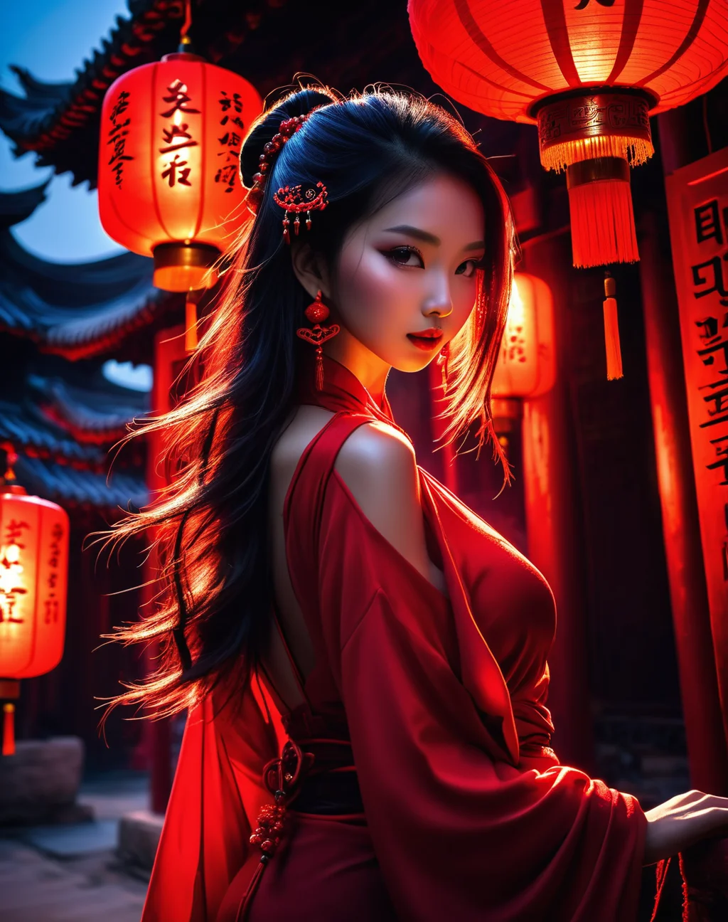 <lora:Dark_Aura_XL_-_Filled_with_miasma:1> dark aura, dynamic angle, 8K, red, HD, sexy clothes, sexy, ancient chinese city, night, red chinese lamps, chromatic aberration, colorful lighting conditions, oily skin, hair ornament