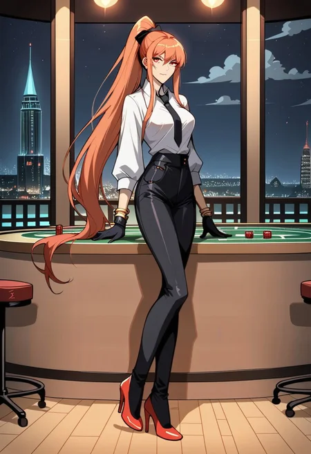 score_9, score_8_up, score_7_up, 1girl, night, indoor, in a casinò, full body, dynamic shot, from high, long legs standing behing a poker table, green table, solo, dynamic pose, Feng Ling, orange hair, red eyes, medium breast, long hair, ponytail, black pants, white shirt, long sleves shirt, black gilet, black neck tie, red heels, gold slim bracelets, black gloves, looking at the viewer, long legs, nice legs, white hips ultra detailed, masterpiece, <lora:add-detail-xl:1>, <lora:StS_PonyXL_Detail_Slider_v1.4_iteration_3:4>